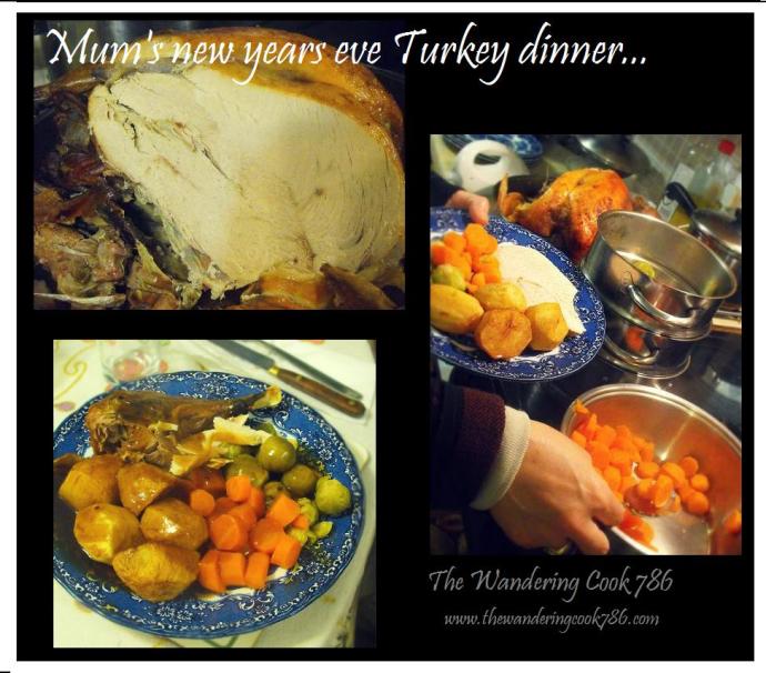 My mother's New Years eve dinner with roast Turkey, potatoes, veg and gravy. Yum yum!!